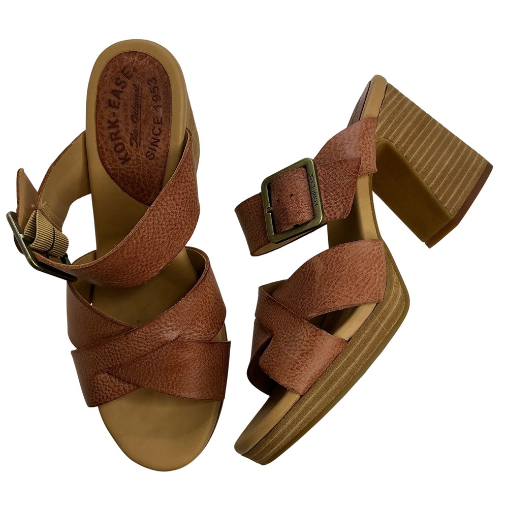 Kork-Ease Brown Leather Platform Sandal Women Size 9M Block Heel Slide K70428‎